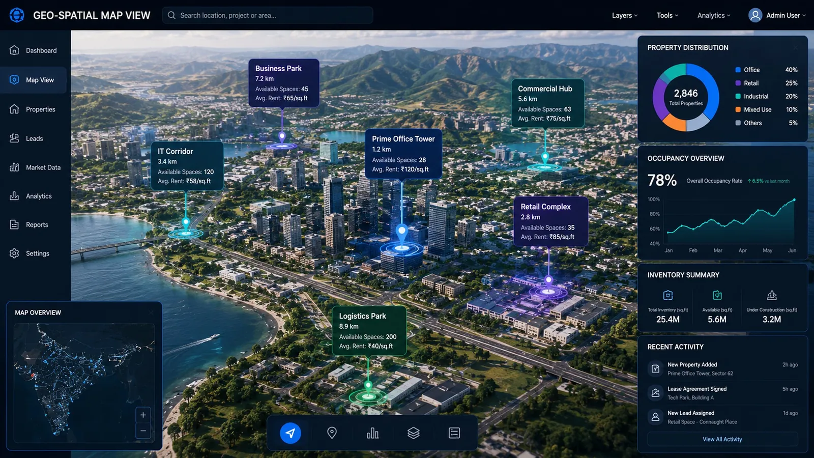 Geo-spatial mapping module showing live NCR commercial micro-market data